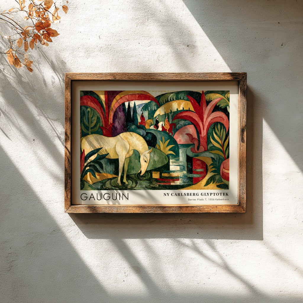 Wall art poster featuring Gauguin The White Horse painting with forest green tropical foliage.