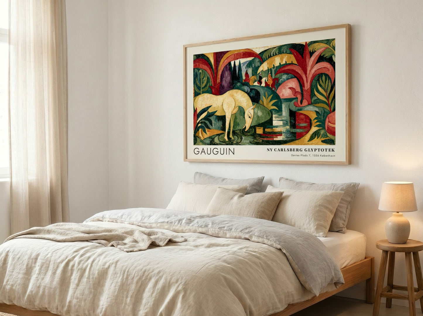 Wall art poster featuring Gauguin The White Horse painting with forest green tropical foliage.