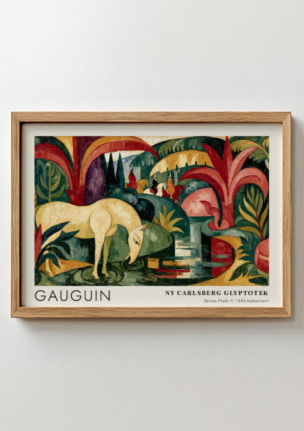 Wall art poster featuring Gauguin The White Horse painting with forest green tropical foliage.