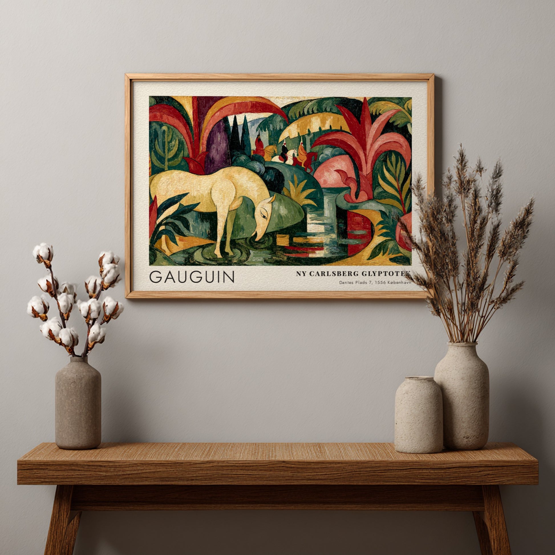 Wall art poster featuring Gauguin The White Horse painting with forest green tropical foliage.
