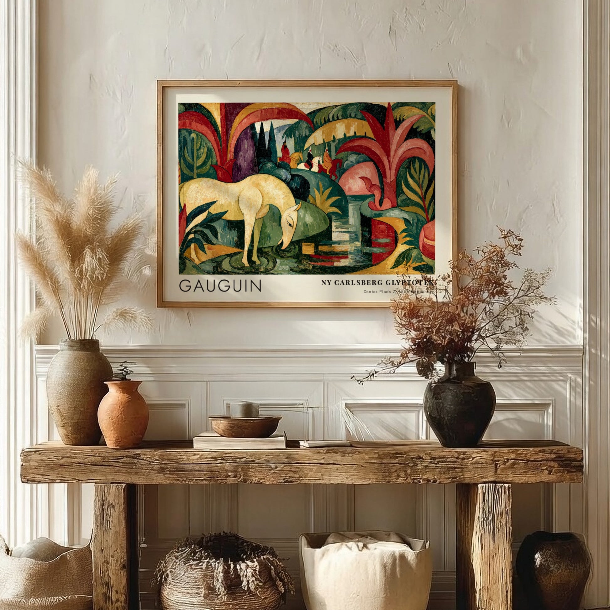 Wall art poster featuring Gauguin The White Horse painting with forest green tropical foliage.