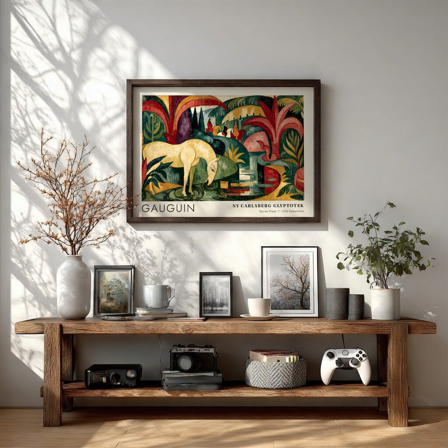 Wall art poster featuring Gauguin The White Horse painting with forest green tropical foliage.