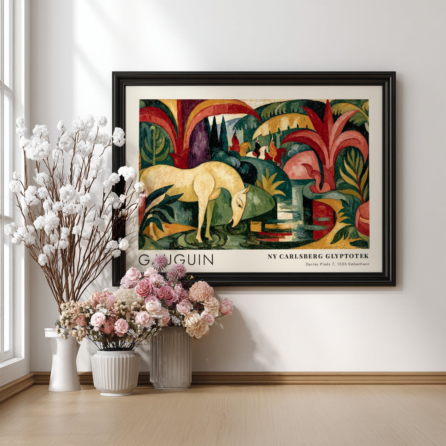 Wall art poster featuring Gauguin The White Horse painting with forest green tropical foliage.