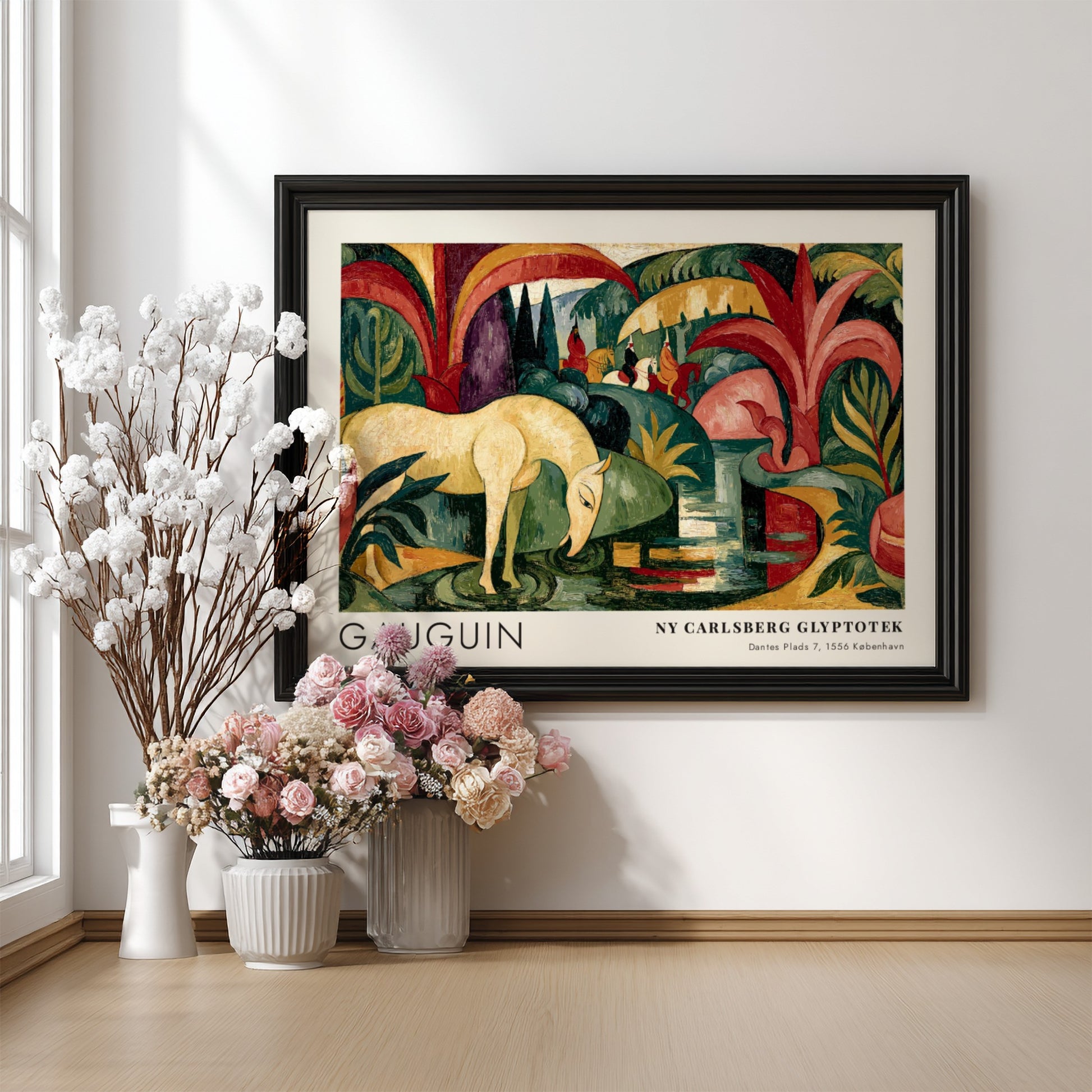 Wall art poster featuring Gauguin The White Horse painting with forest green tropical foliage.