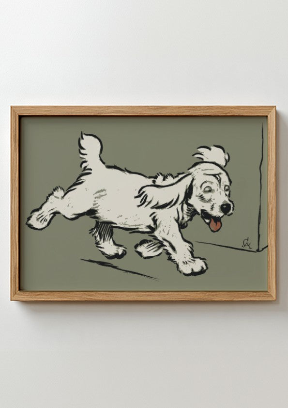 Vintage "The White Puppy" drawing by Cecil Aldin, a light-colored dog in motion, framed art.