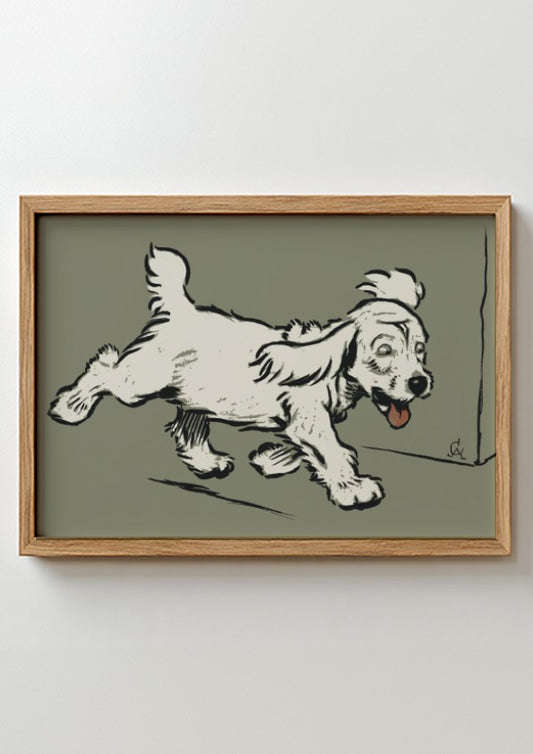 Vintage "The White Puppy" drawing by Cecil Aldin, a light-colored dog in motion, framed art.