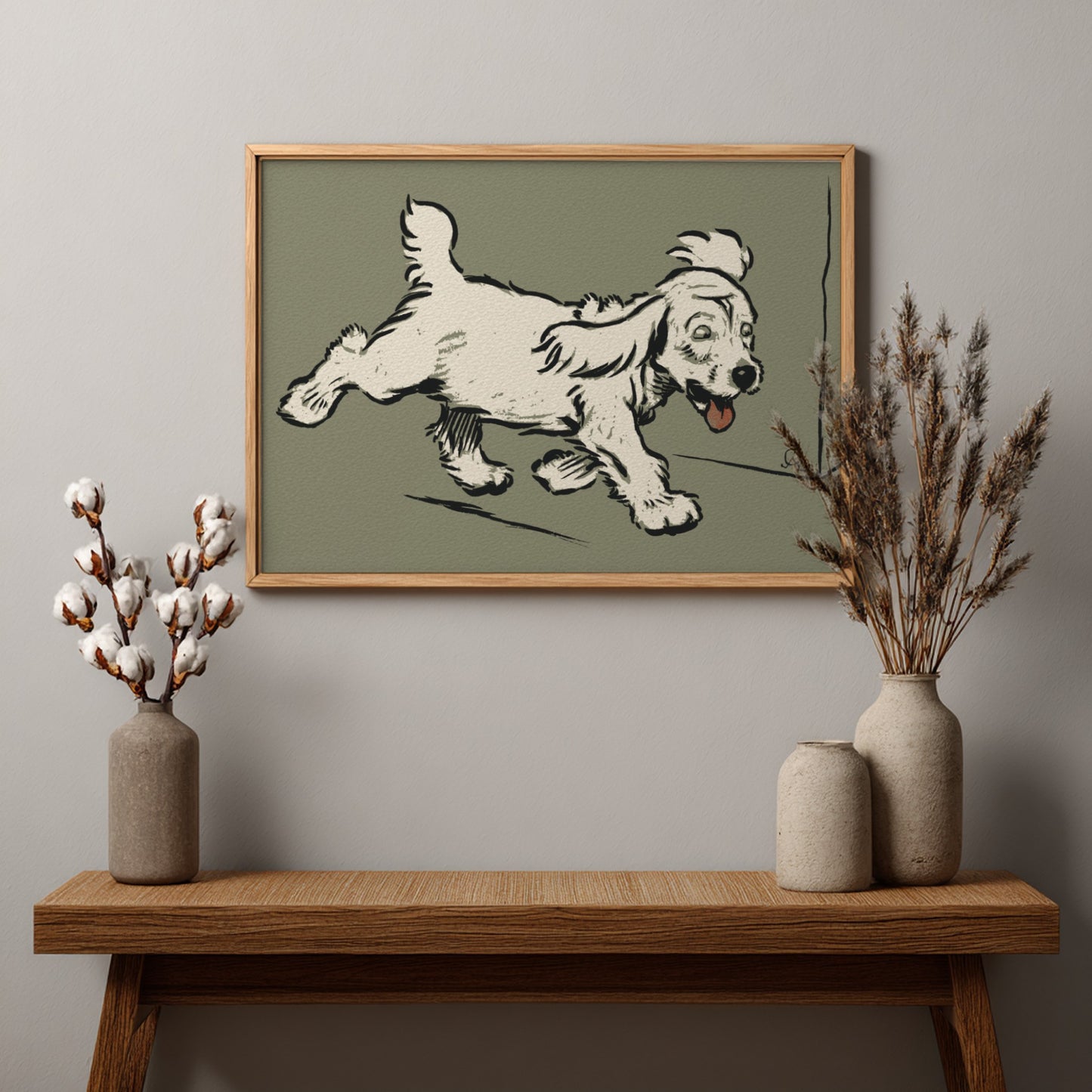 Vintage "The White Puppy" drawing by Cecil Aldin, a light-colored dog in motion, framed art.
