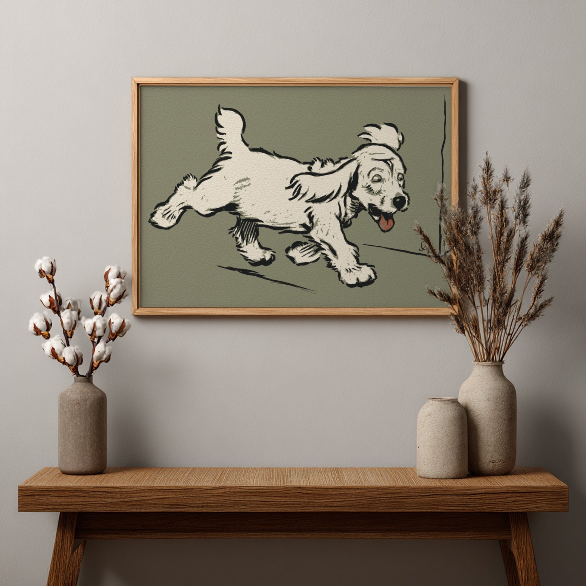 Vintage "The White Puppy" drawing by Cecil Aldin, a light-colored dog in motion, framed art.
