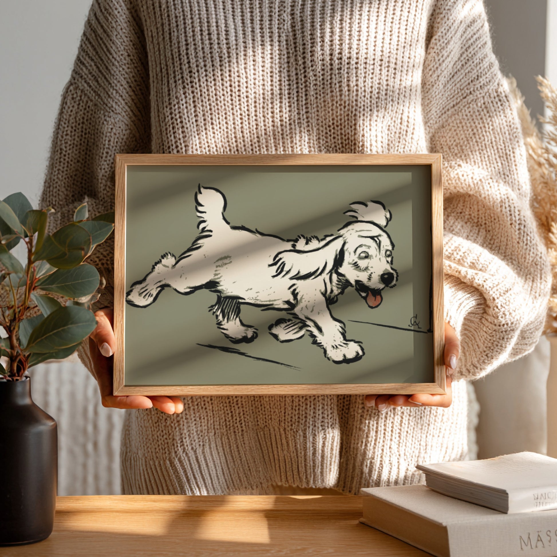 Vintage "The White Puppy" drawing by Cecil Aldin, a light-colored dog in motion, framed art.