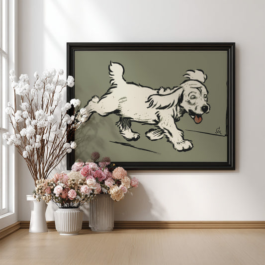 Vintage "The White Puppy" drawing by Cecil Aldin, a light-colored dog in motion, framed art.