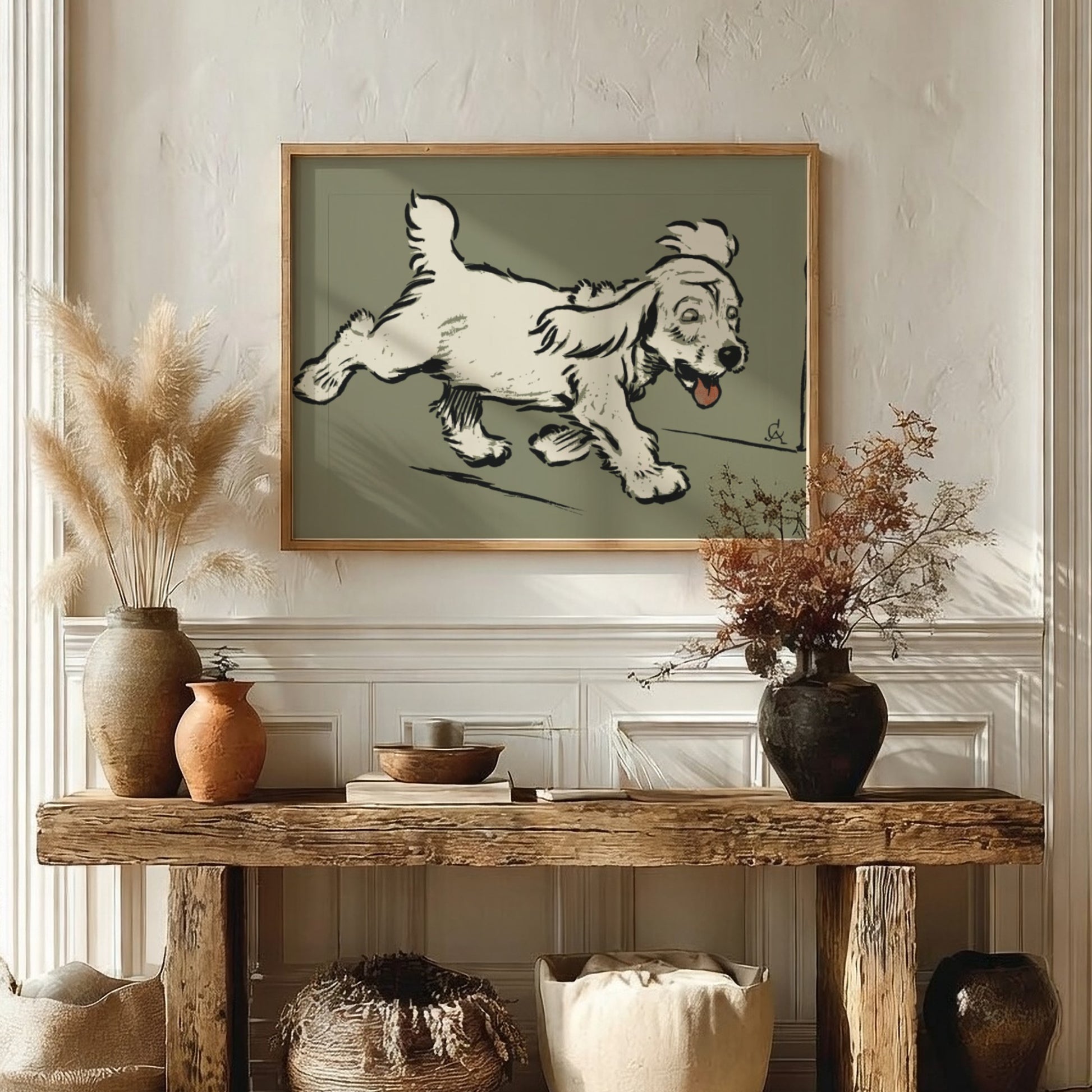 Vintage "The White Puppy" drawing by Cecil Aldin, a light-colored dog in motion, framed art.