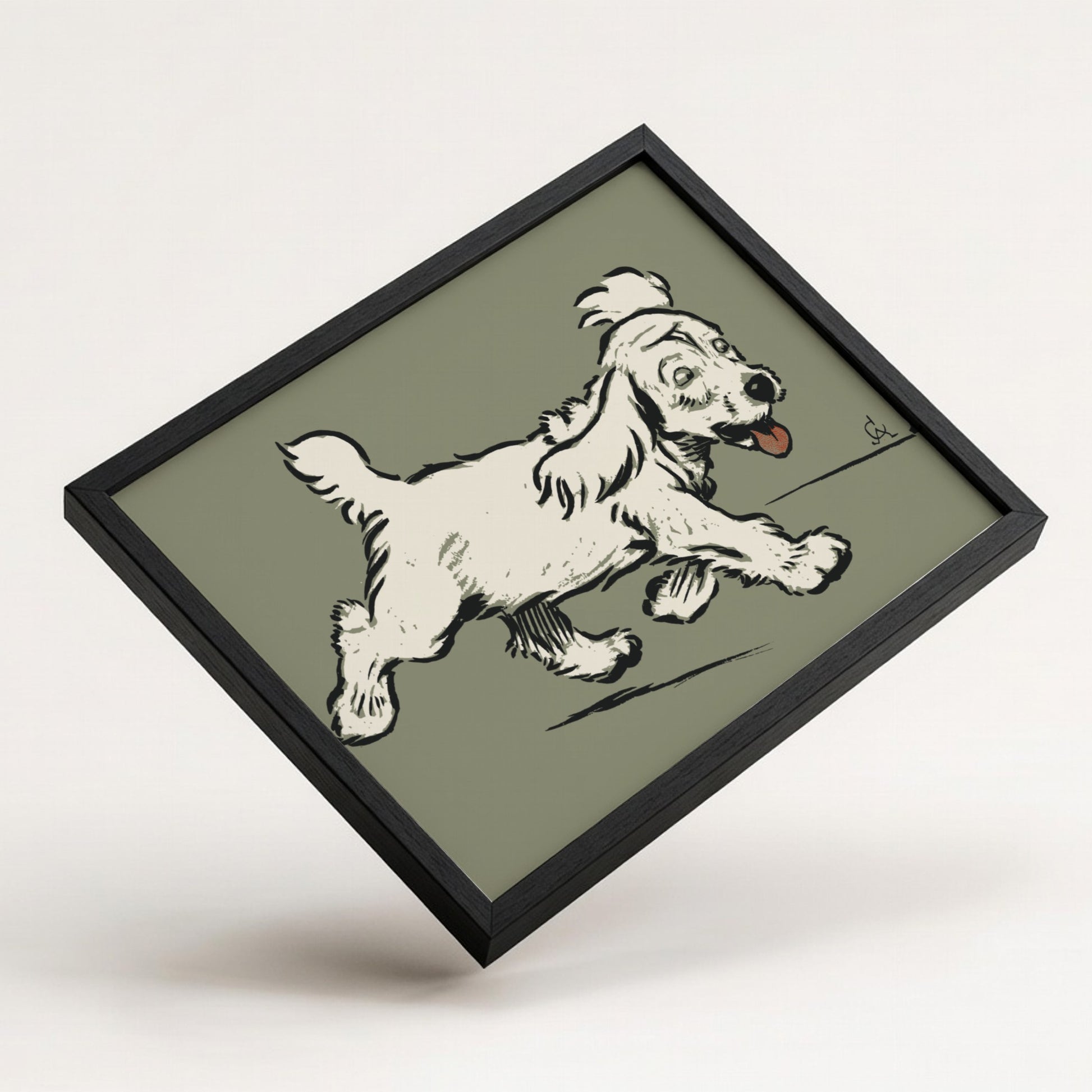 Vintage "The White Puppy" drawing by Cecil Aldin, a light-colored dog in motion, framed art.