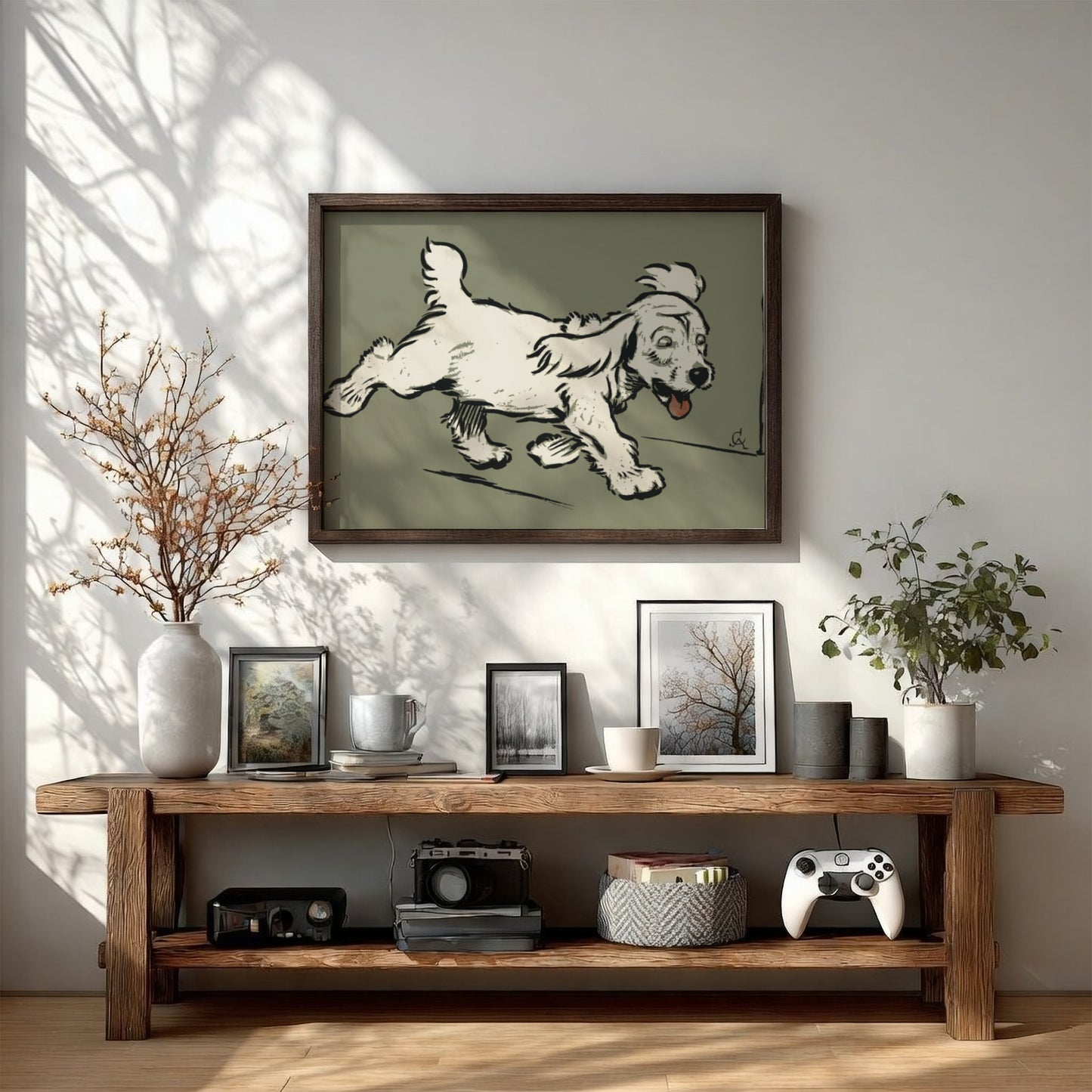 Vintage "The White Puppy" drawing by Cecil Aldin, a light-colored dog in motion, framed art.