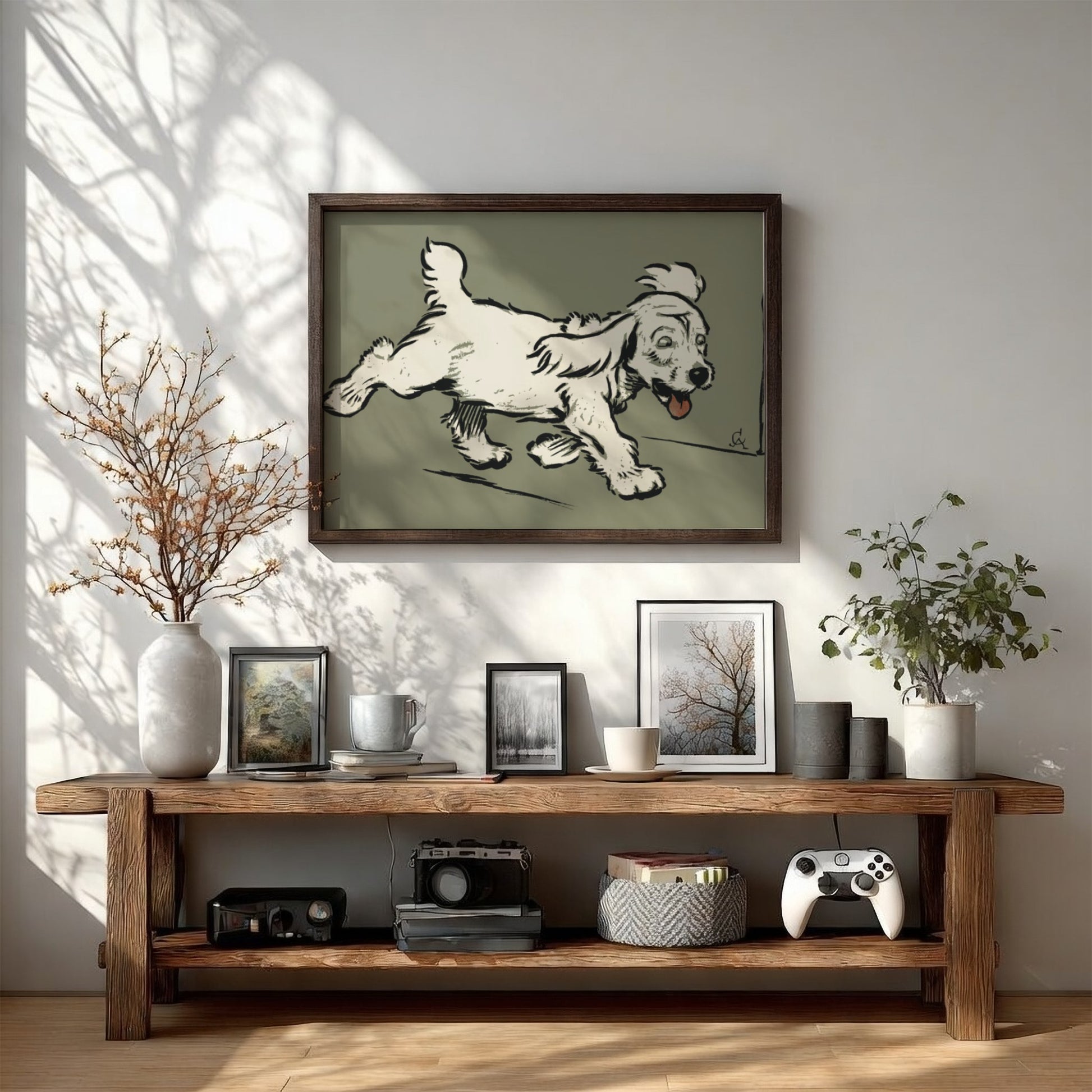 Vintage "The White Puppy" drawing by Cecil Aldin, a light-colored dog in motion, framed art.