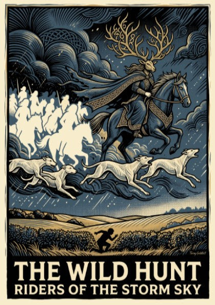 Poster featuring a mythical rider with antlers leading a spectral cavalry through stormy skies