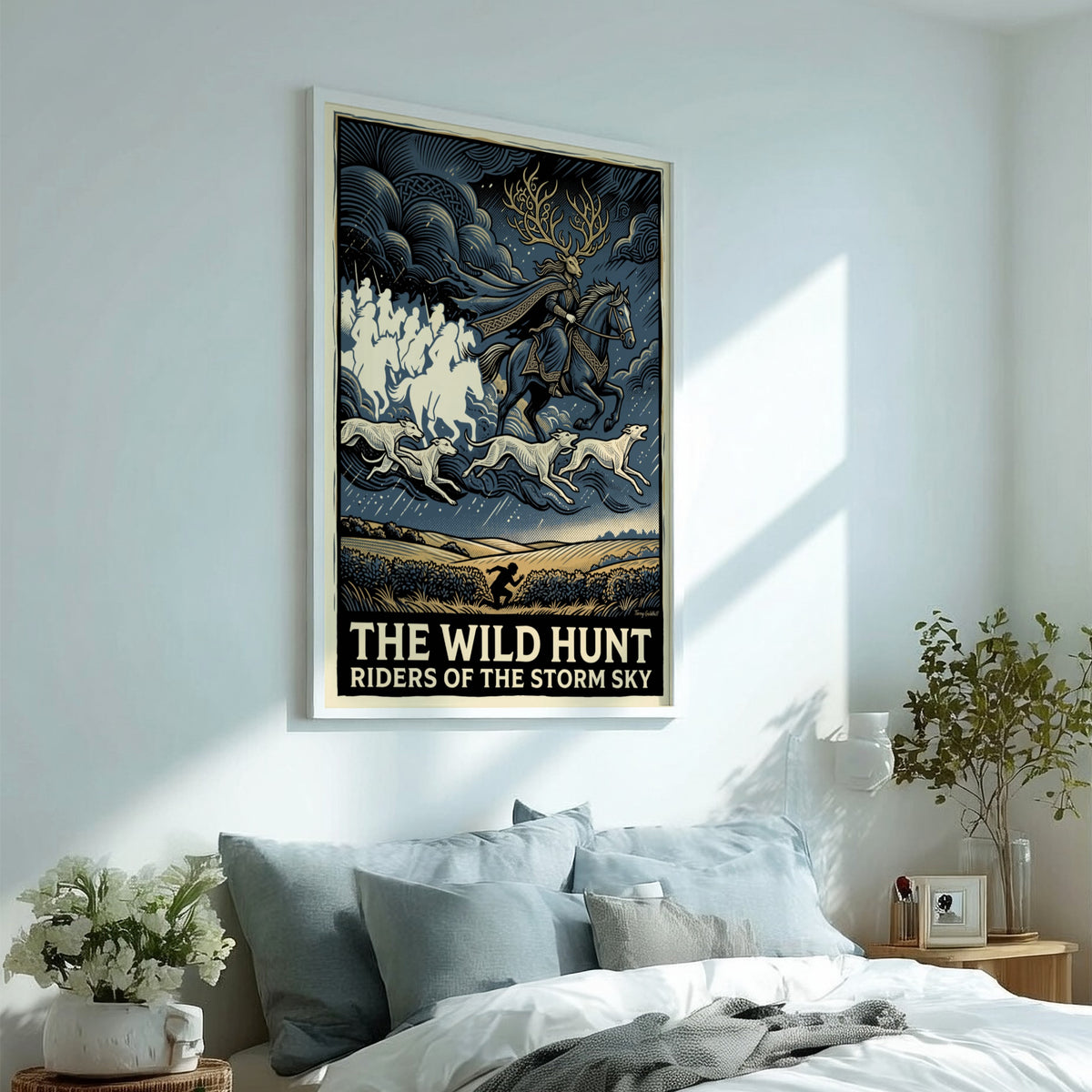 Poster featuring a mythical rider with antlers leading a spectral cavalry through stormy skies