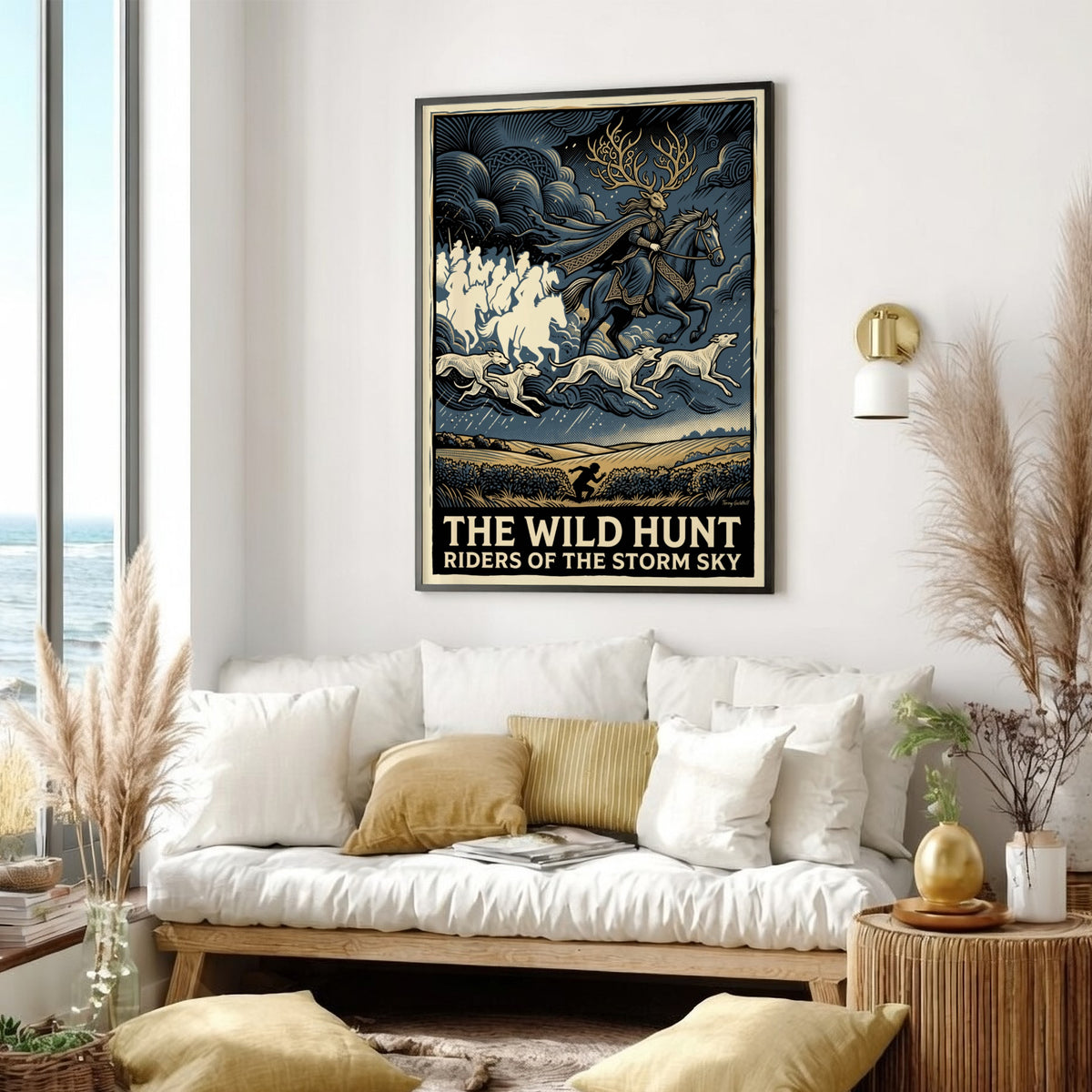 Poster featuring a mythical rider with antlers leading a spectral cavalry through stormy skies