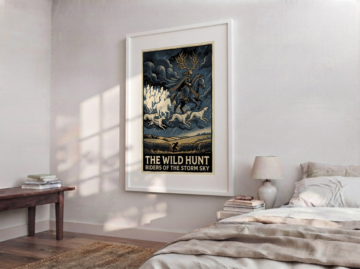 Poster featuring a mythical rider with antlers leading a spectral cavalry through stormy skies