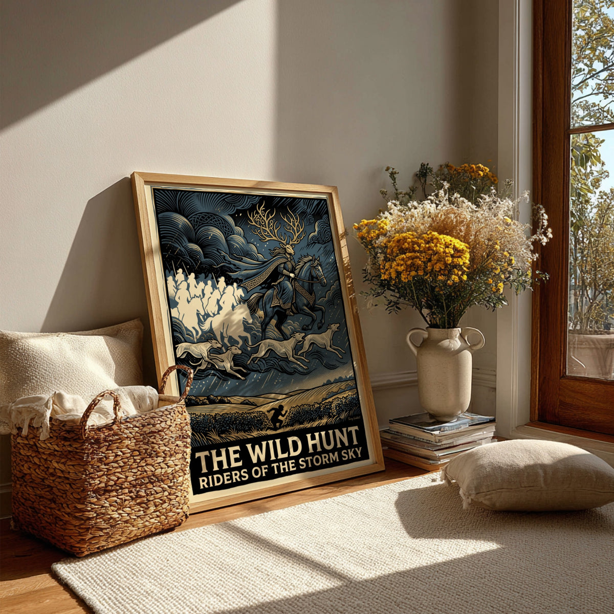 Poster featuring a mythical rider with antlers leading a spectral cavalry through stormy skies