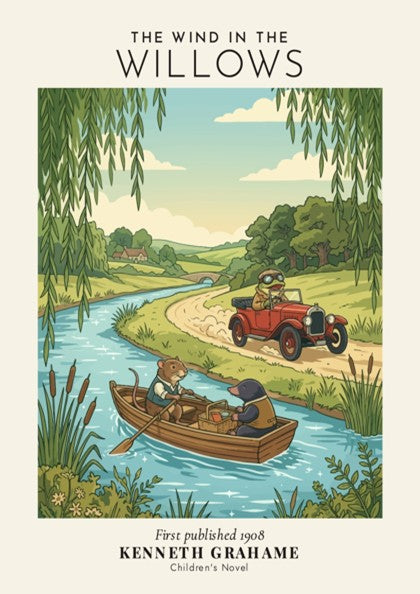 Poster of The Wind in the Willows featuring Toad driving and friends boating along river.