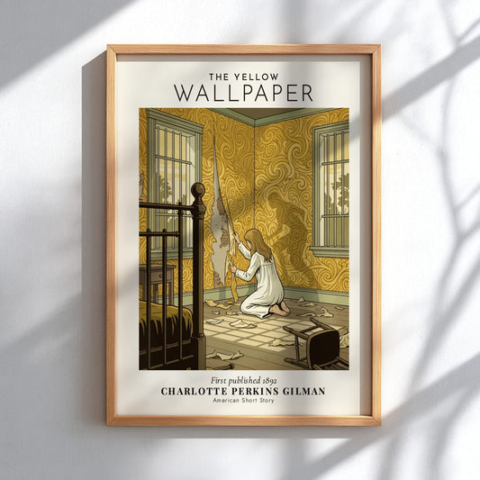 Poster featuring The Yellow Wallpaper title and illustration of a woman tearing golden patterned wallpaper.