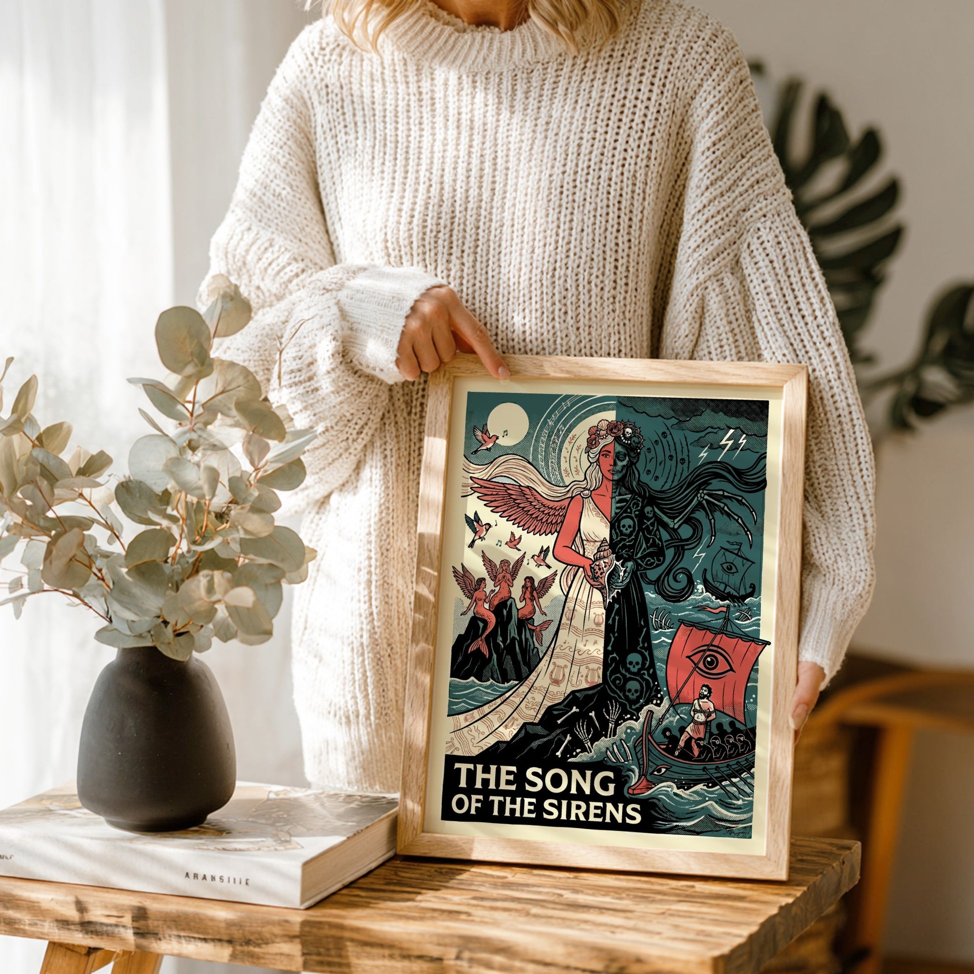 The Song of the Sirens Greek mythology poster featuring a half-angelic, half-skeletal Siren figure and a ship