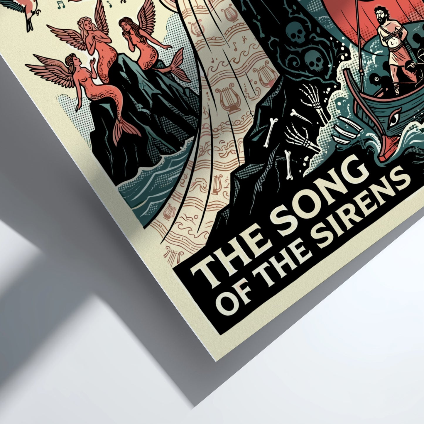 The Song of the Sirens Greek mythology poster featuring a half-angelic, half-skeletal Siren figure and a ship