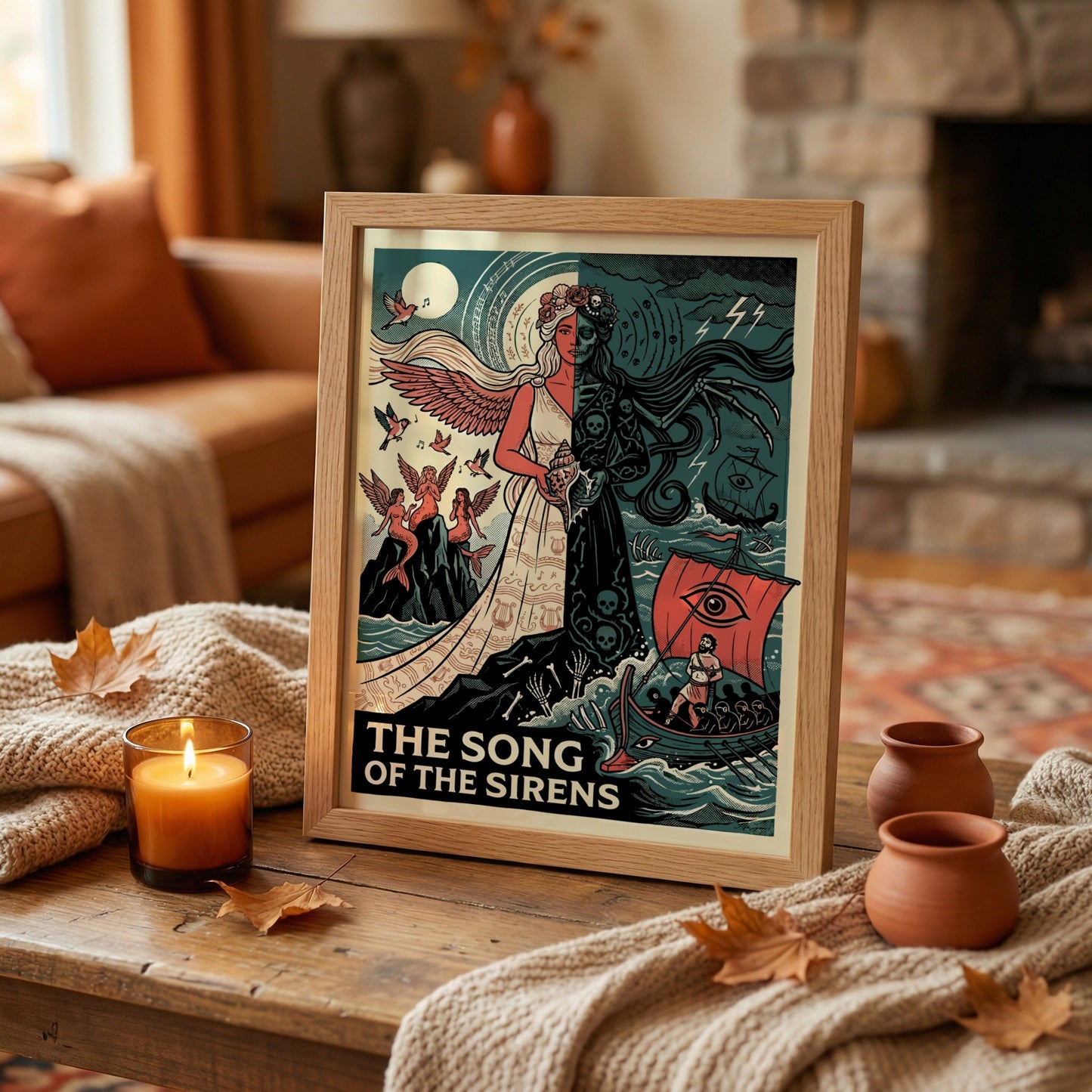 The Song of the Sirens Greek mythology poster featuring a half-angelic, half-skeletal Siren figure and a ship