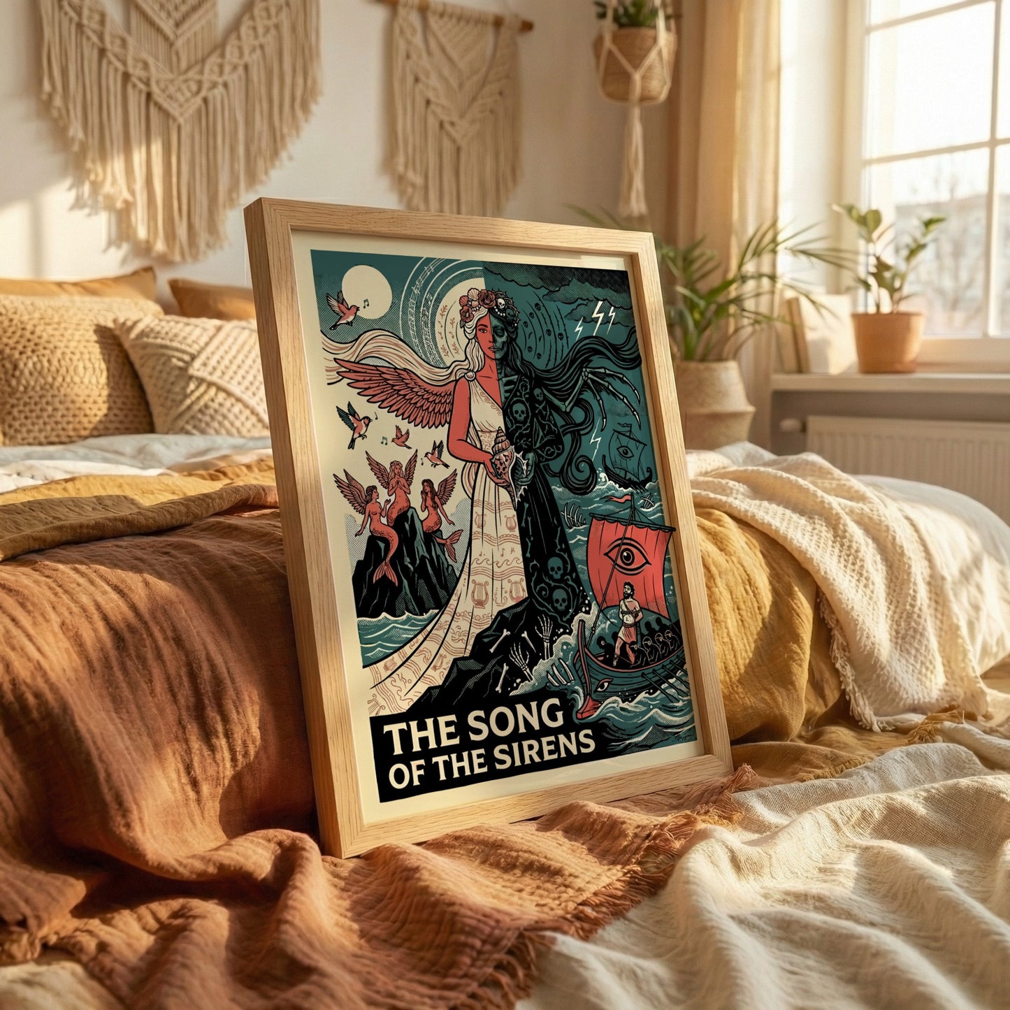 The Song of the Sirens Greek mythology poster featuring a half-angelic, half-skeletal Siren figure and a ship