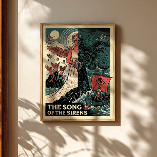 The Song of the Sirens Greek mythology poster featuring a half-angelic, half-skeletal Siren figure and a ship