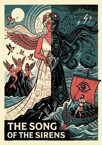 The Song of the Sirens Greek mythology poster featuring a half-angelic, half-skeletal Siren figure and a ship