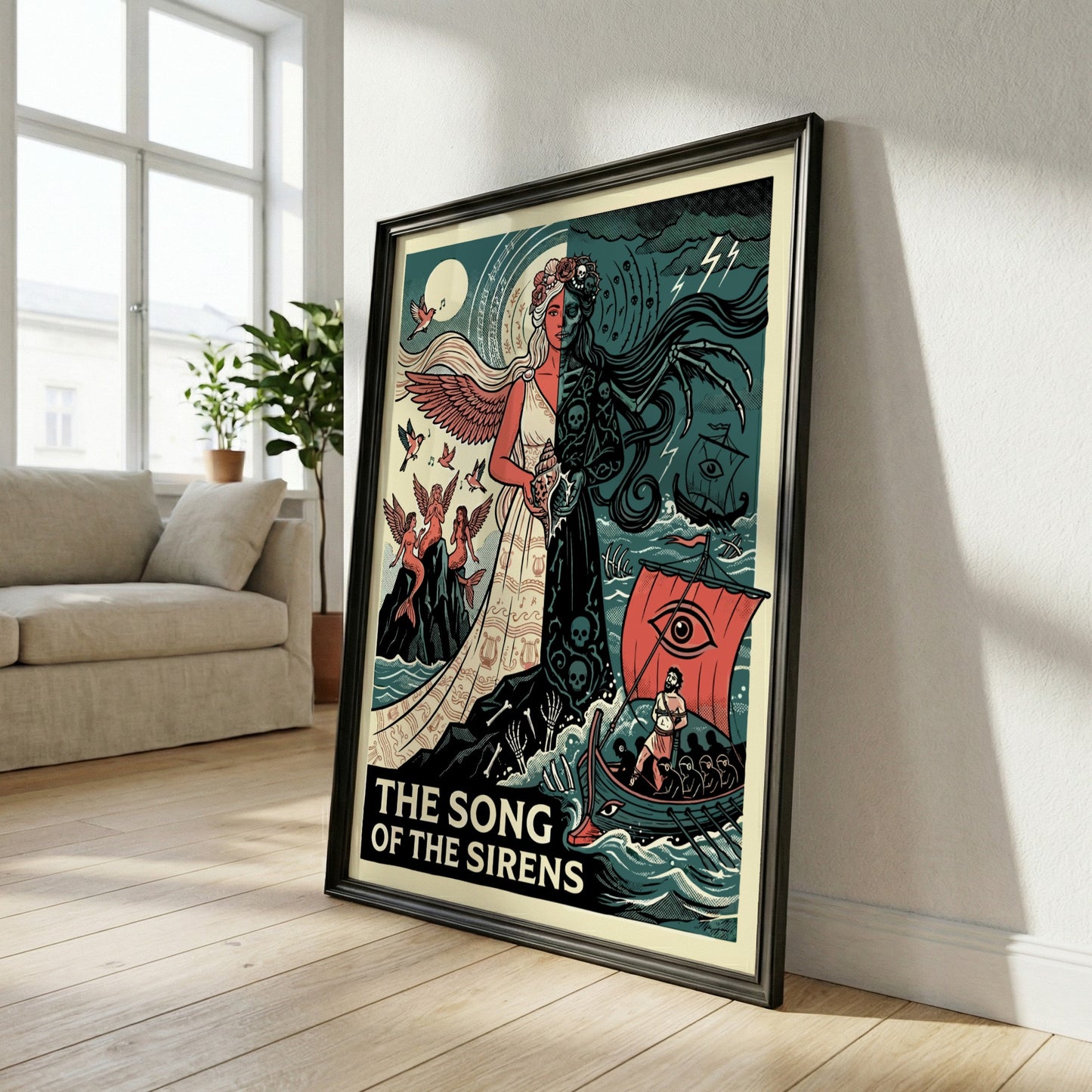 The Song of the Sirens Greek mythology poster featuring a half-angelic, half-skeletal Siren figure and a ship