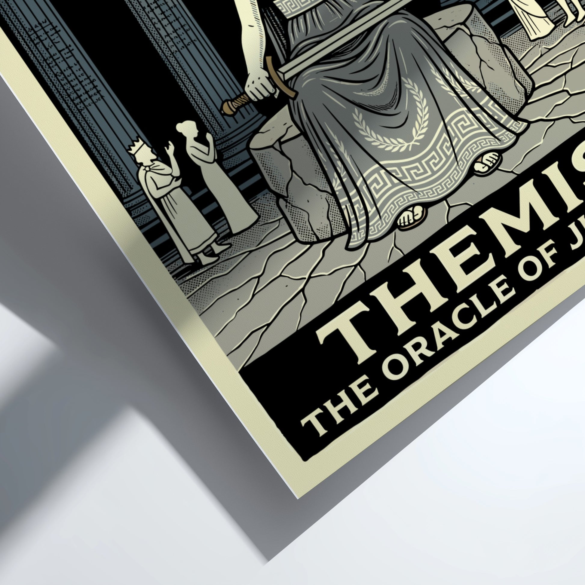 Themis poster of Greek mythology, featuring the blindfolded goddess of justice holding scales and a sword, in