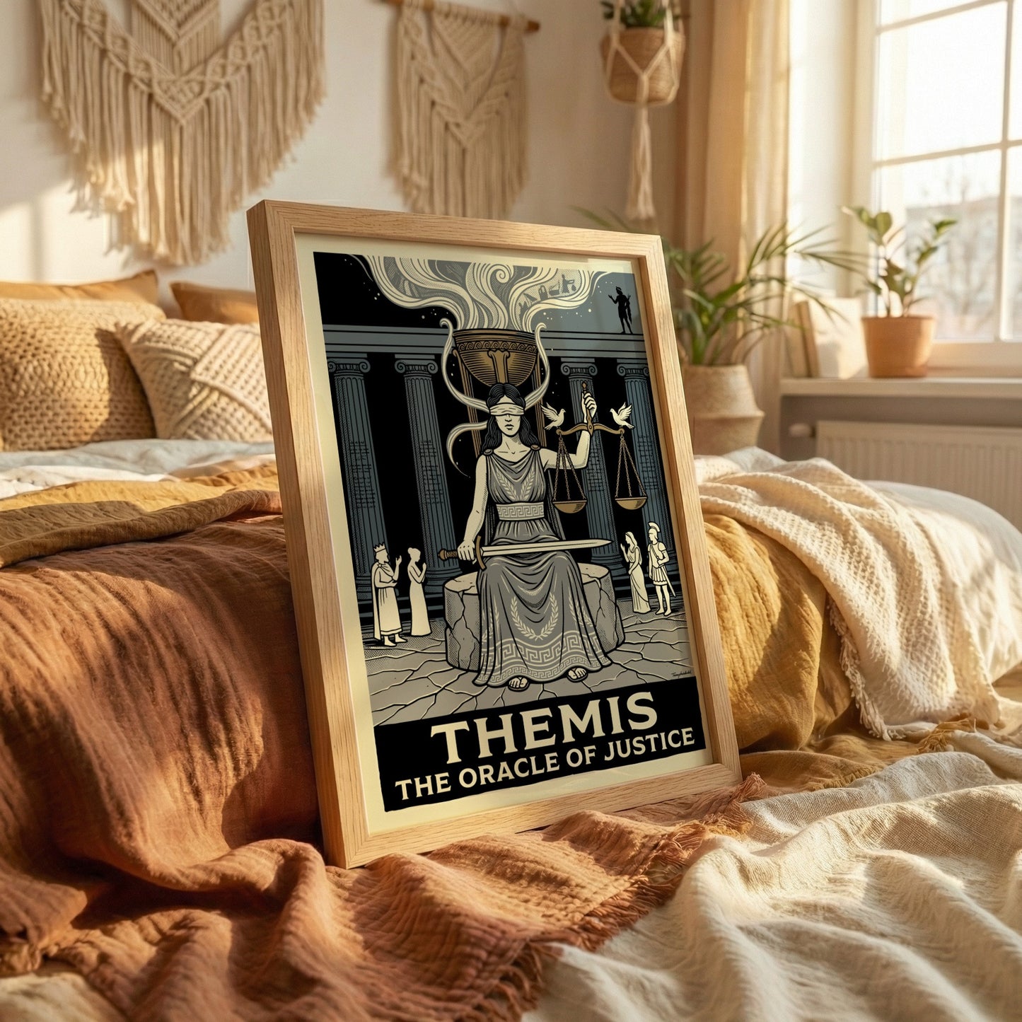 Themis poster of Greek mythology, featuring the blindfolded goddess of justice holding scales and a sword, in