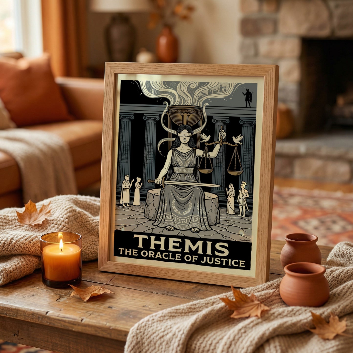 Themis poster of Greek mythology, featuring the blindfolded goddess of justice holding scales and a sword, in