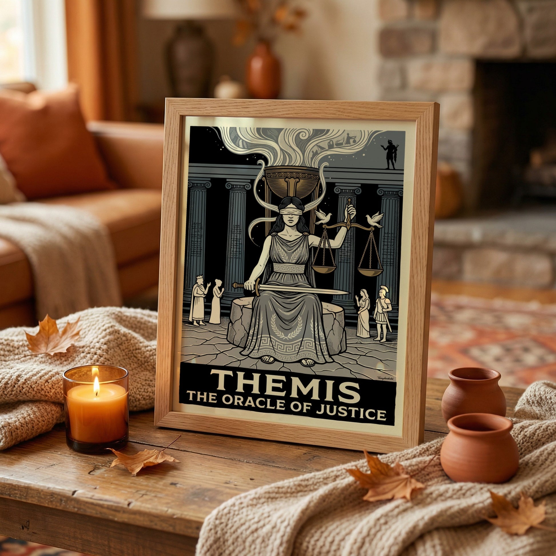 Themis poster of Greek mythology, featuring the blindfolded goddess of justice holding scales and a sword, in
