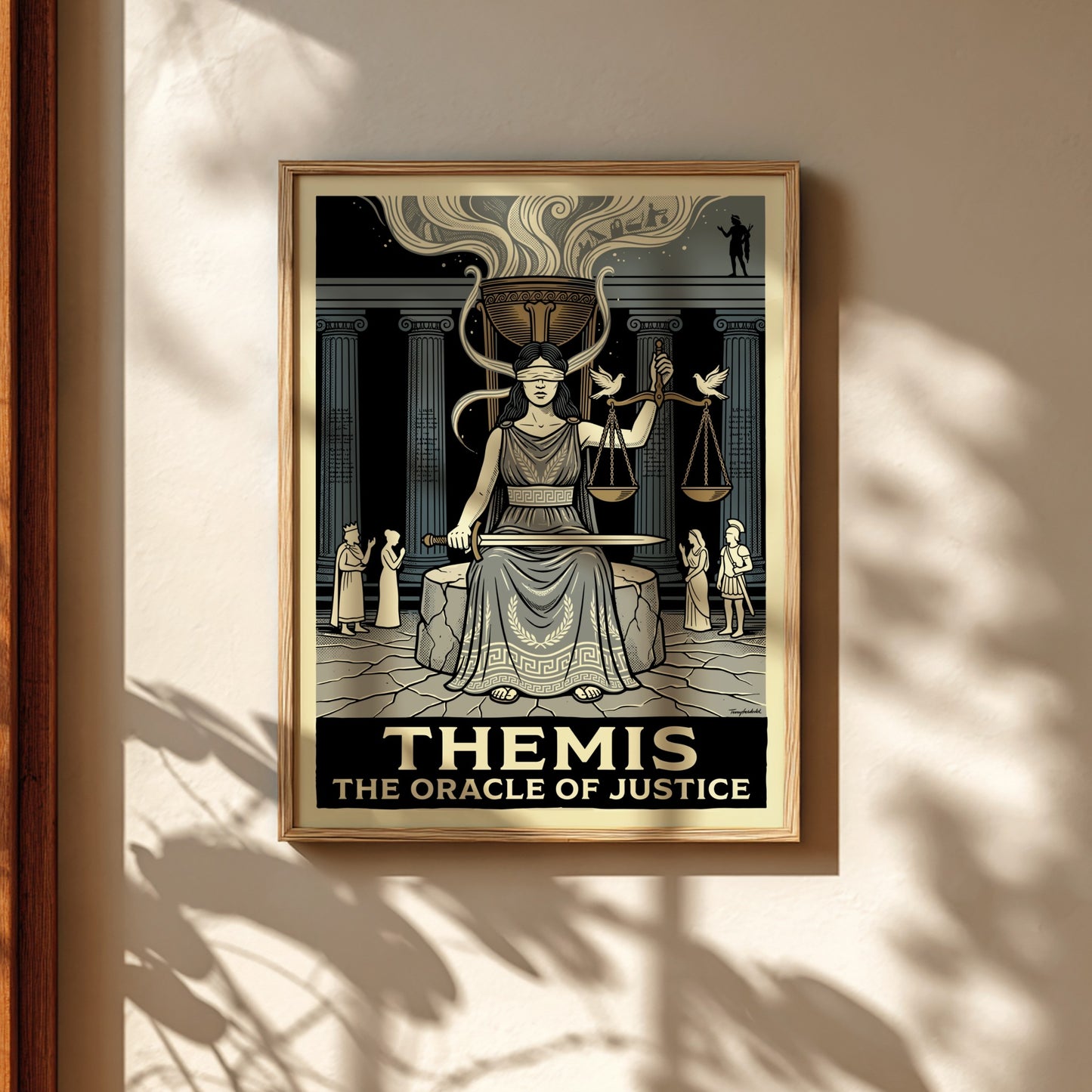 Themis poster of Greek mythology, featuring the blindfolded goddess of justice holding scales and a sword, in