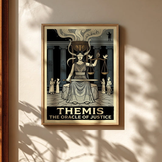 Themis poster of Greek mythology, featuring the blindfolded goddess of justice holding scales and a sword, in