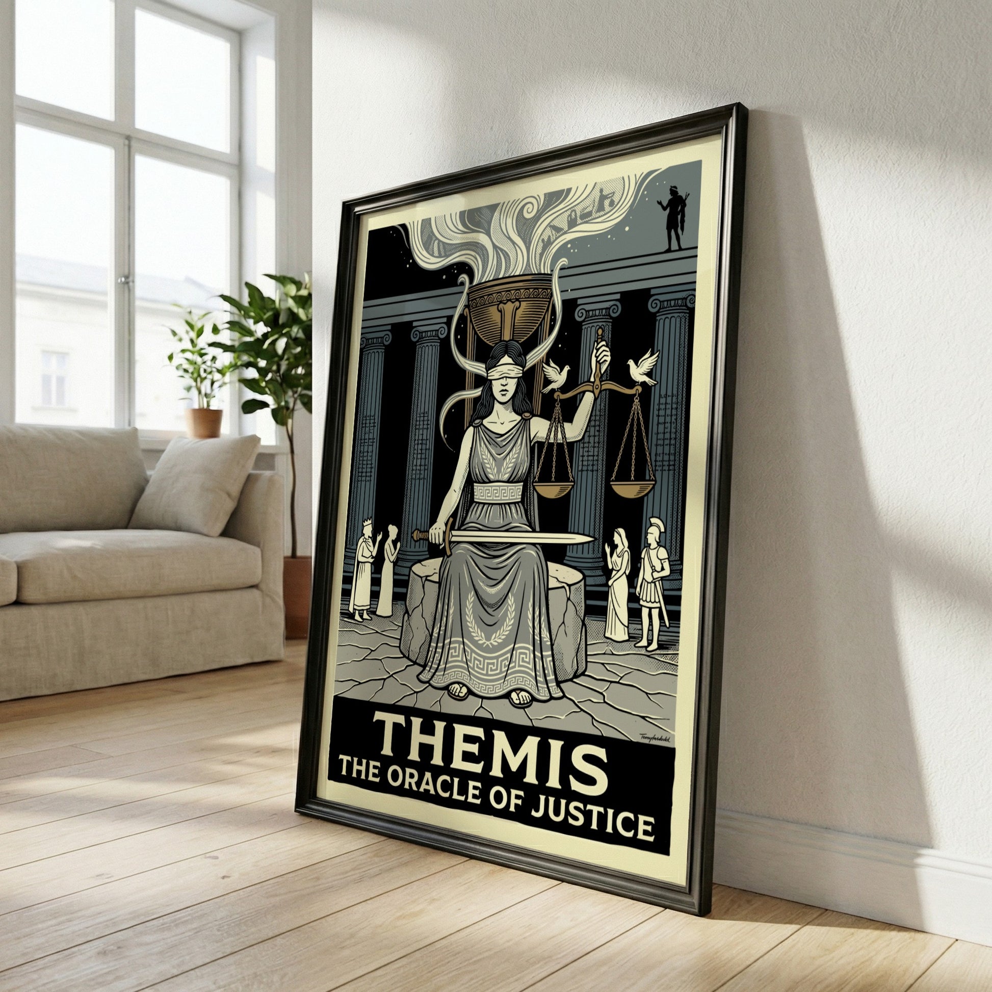 Themis poster of Greek mythology, featuring the blindfolded goddess of justice holding scales and a sword, in
