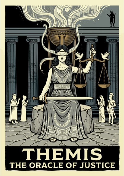 Themis poster of Greek mythology, featuring the blindfolded goddess of justice holding scales and a sword, in