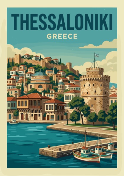 Thessaloniki Greece travel poster featuring the White Tower and waterfront in a vintage style with blue and