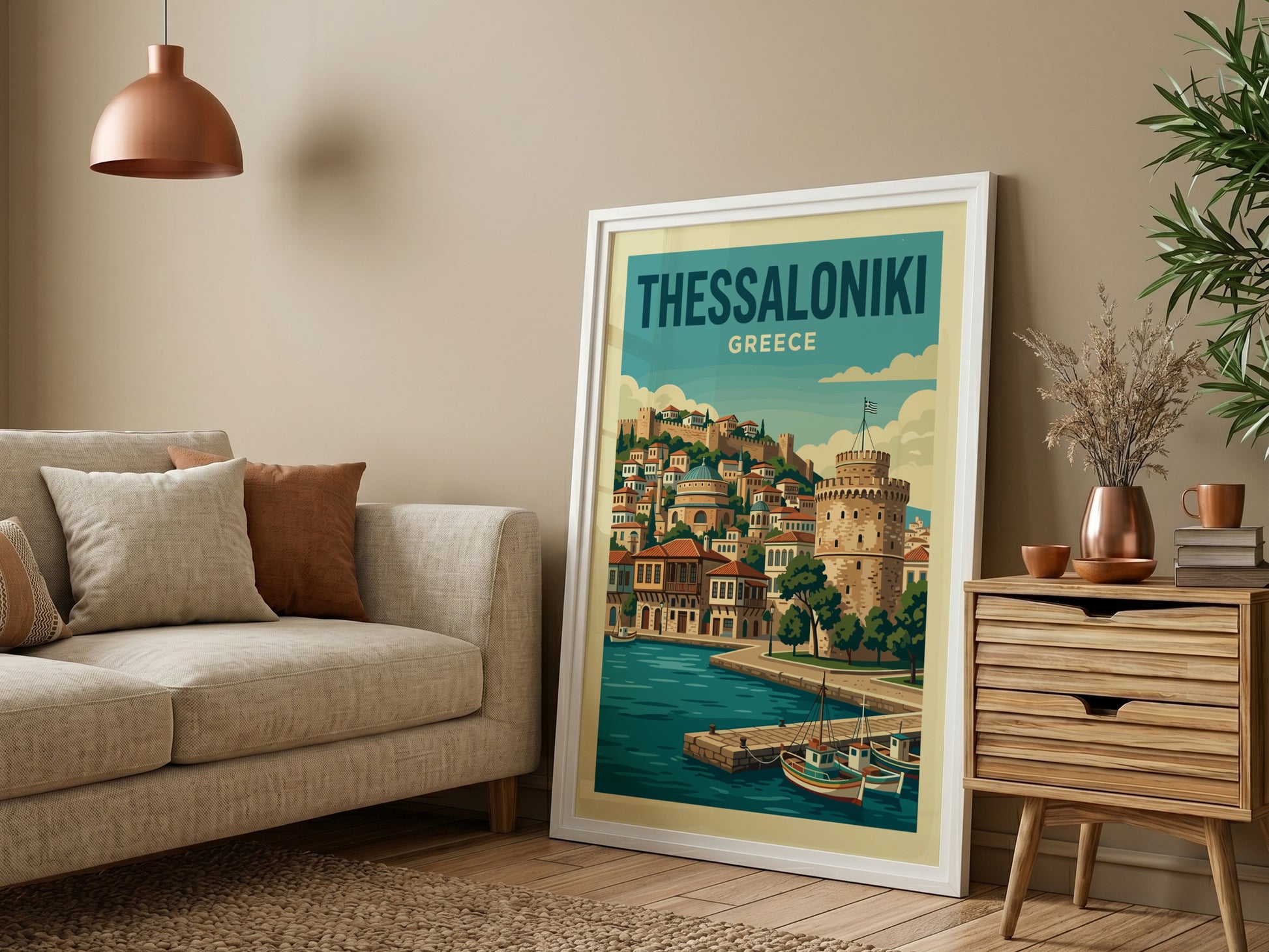 Thessaloniki Greece travel poster featuring the White Tower and waterfront in a vintage style with blue and