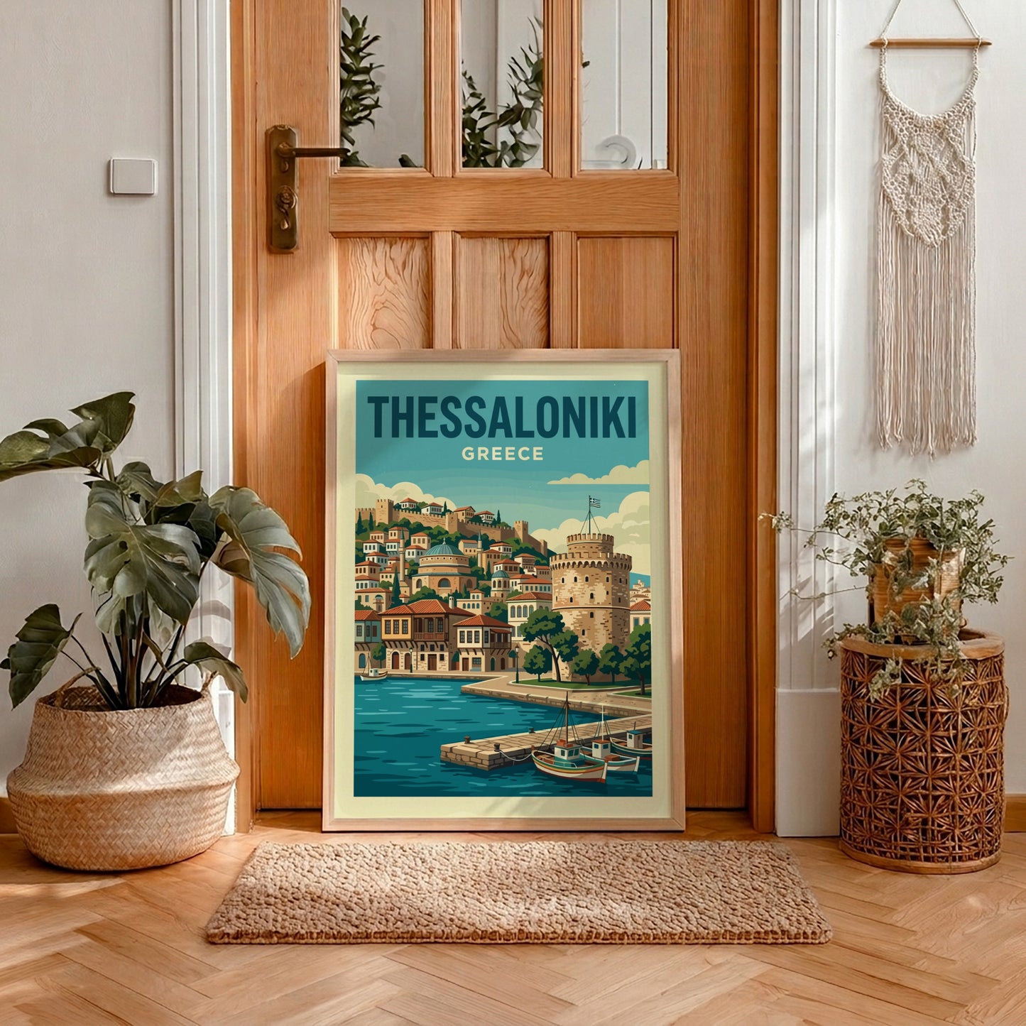 Thessaloniki Greece travel poster featuring the White Tower and waterfront in a vintage style with blue and