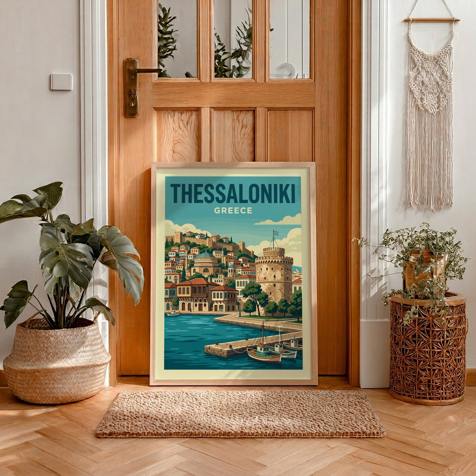 Thessaloniki Greece travel poster featuring the White Tower and waterfront in a vintage style with blue and