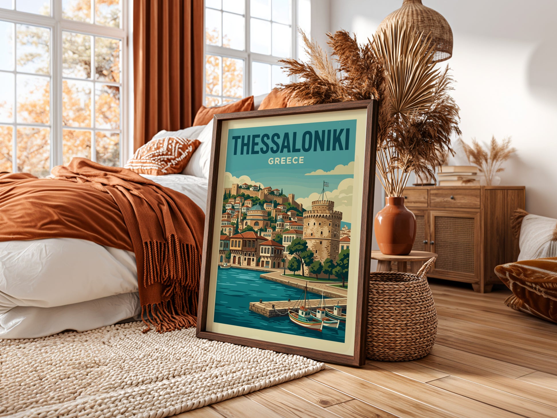 Thessaloniki Greece travel poster featuring the White Tower and waterfront in a vintage style with blue and