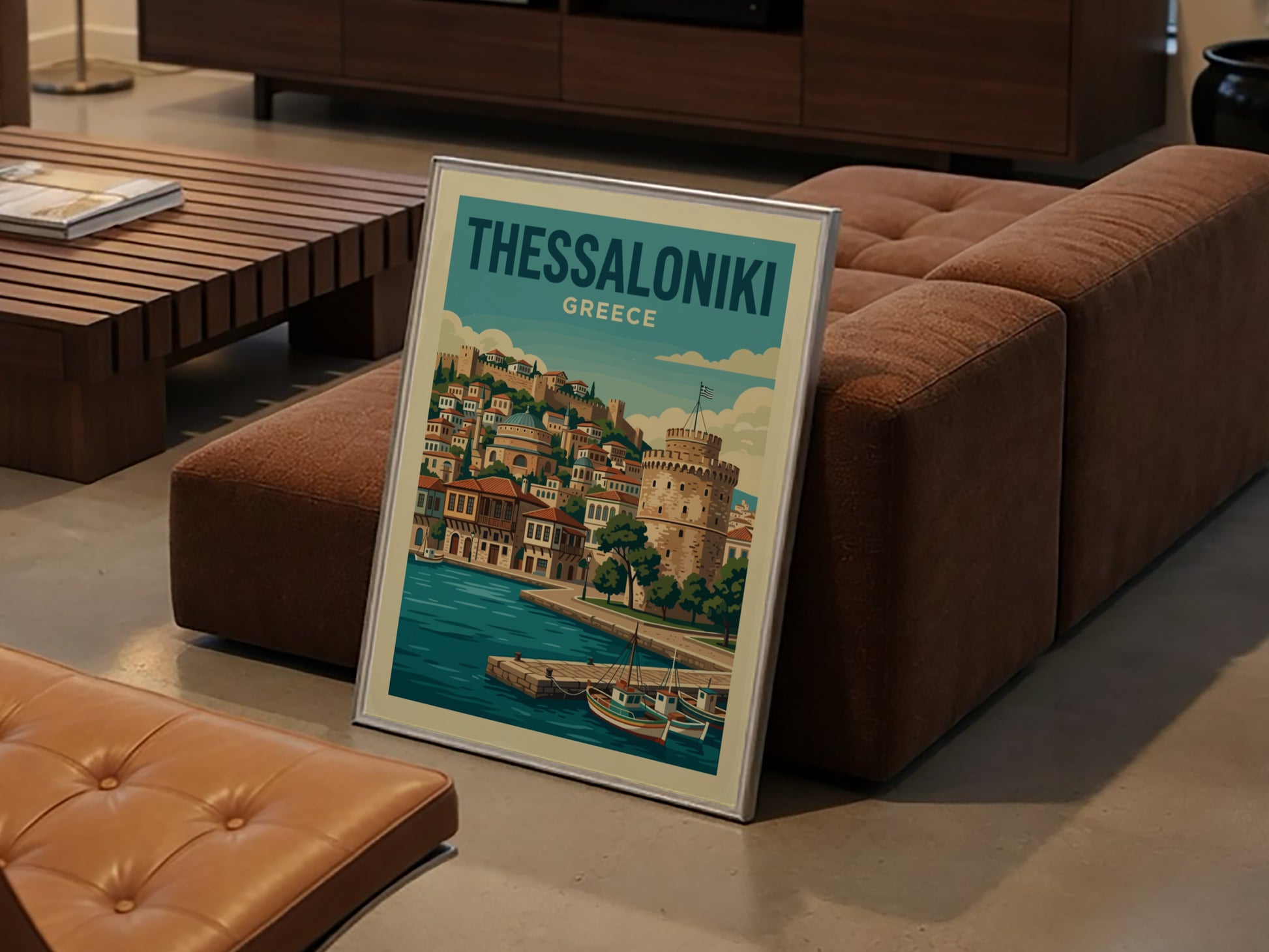Thessaloniki Greece travel poster featuring the White Tower and waterfront in a vintage style with blue and