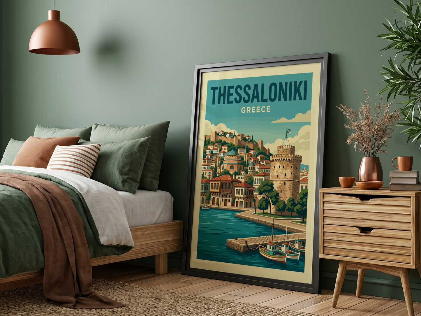 Thessaloniki Greece travel poster featuring the White Tower and waterfront in a vintage style with blue and