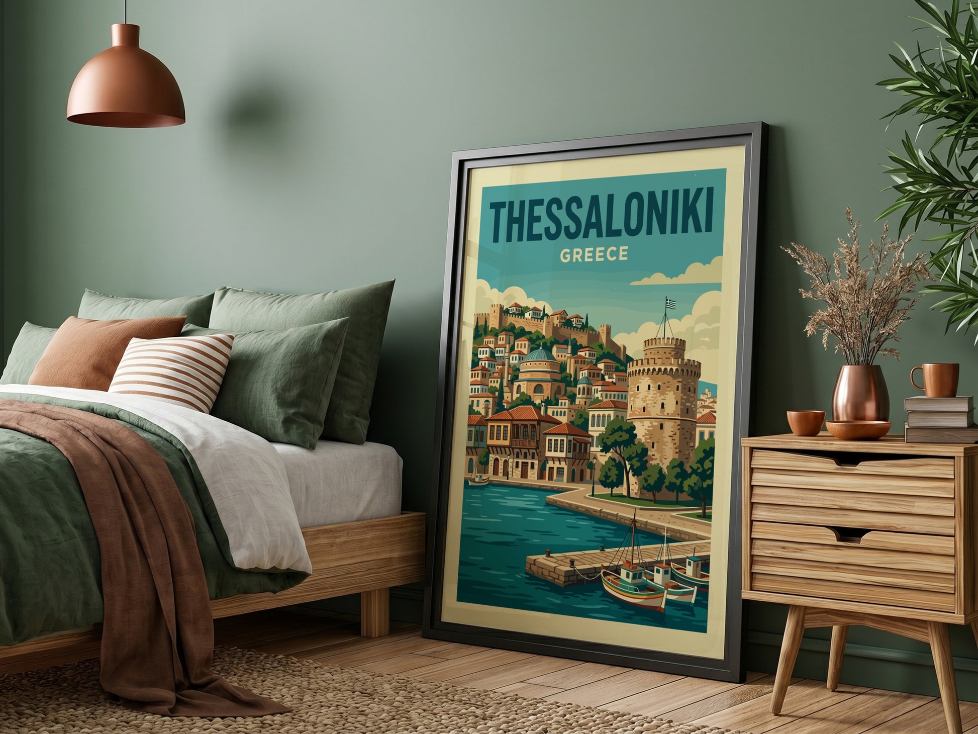 Thessaloniki Greece travel poster featuring the White Tower and waterfront in a vintage style with blue and