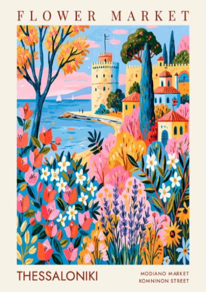 Flower market poster featuring vibrant colors of Thessaloniki with flowers and coastal architecture