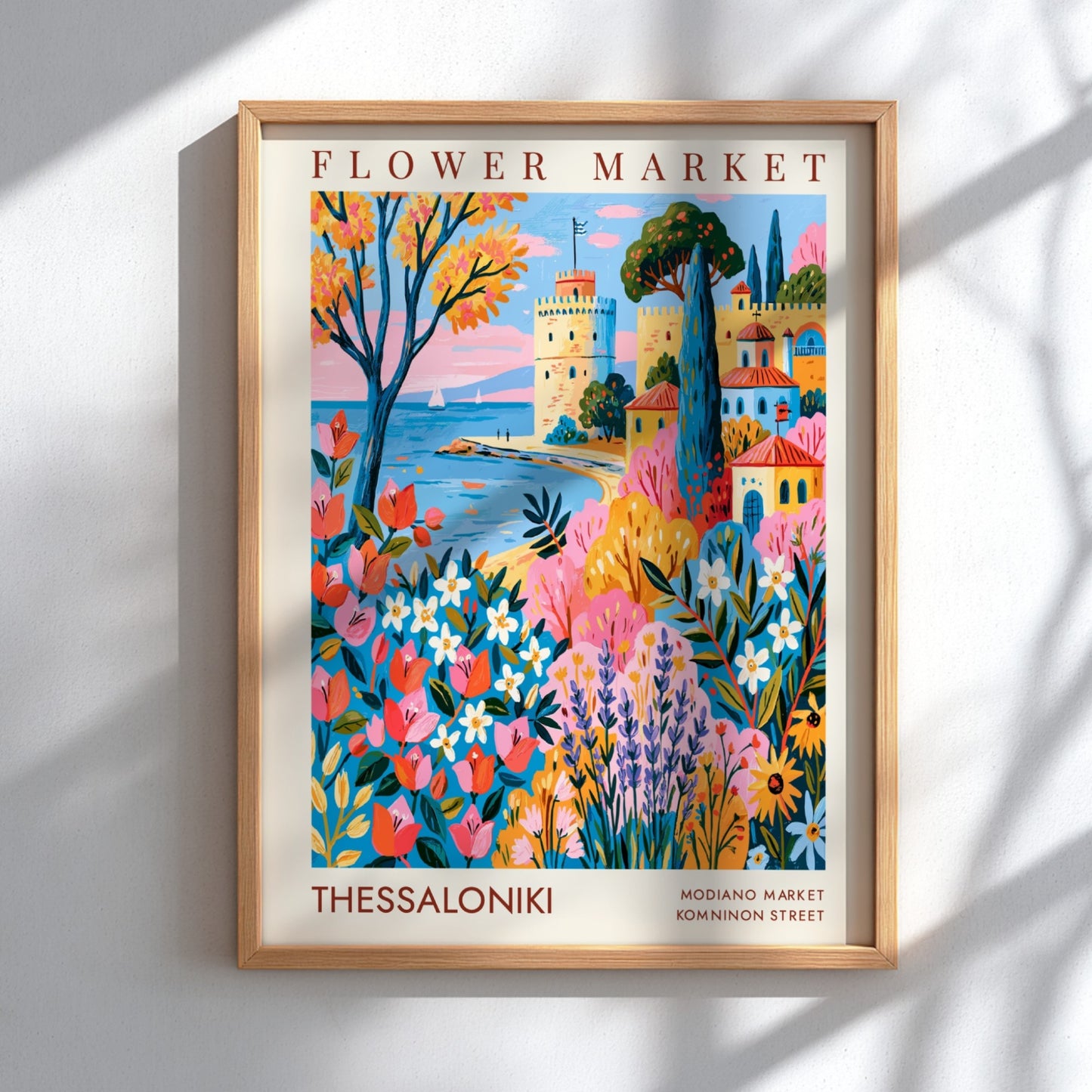 Flower market poster featuring vibrant colors of Thessaloniki with flowers and coastal architecture